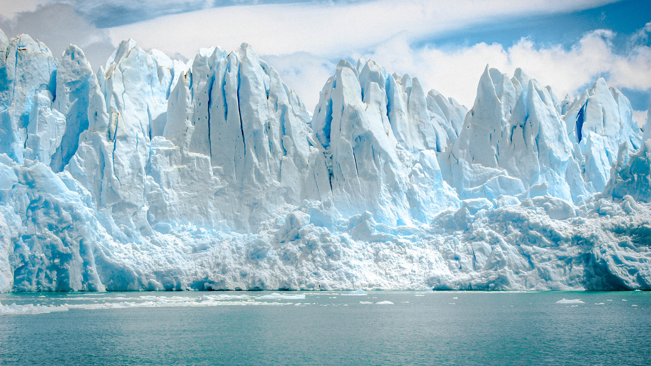 A row of bright white glaciers