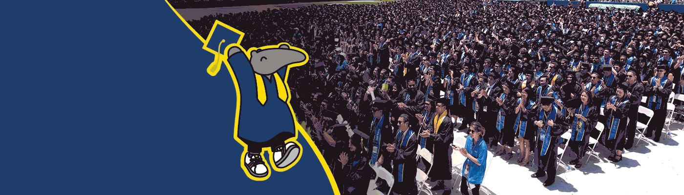 A gif of an animated anteater jumping up and down and tossing up his graduation cap. On the left of him is text that says "MEET THE SCHOOL OF HUMANITIES CLASS OF 2022" and on the right is a drone shot of students in graduation regalia.