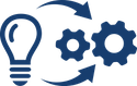 Lightbulb, arrows and gears to represent "capacity building"