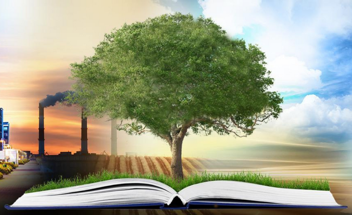 Tree and book representing Environmental Humanities at UCI