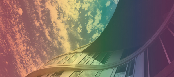 Humanities Gateway with a rainbow gradient overlay