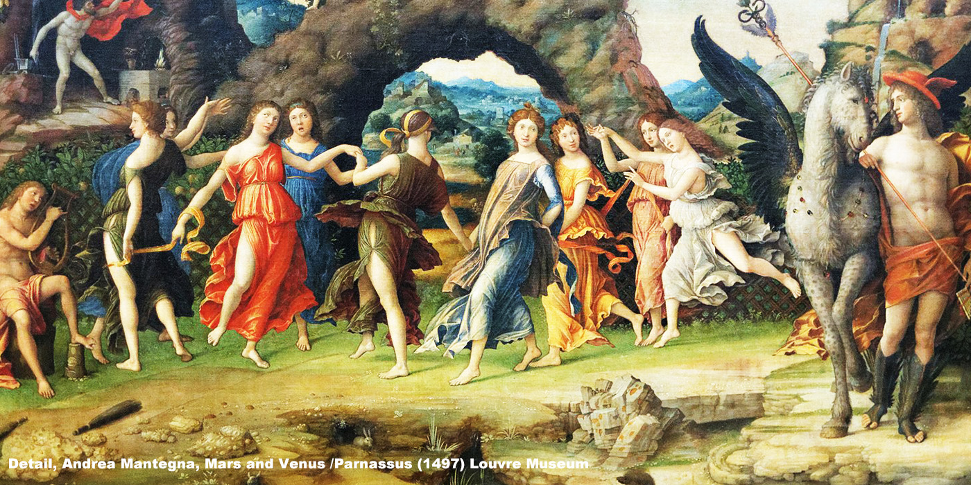 A painting of women dancing in the forest. 