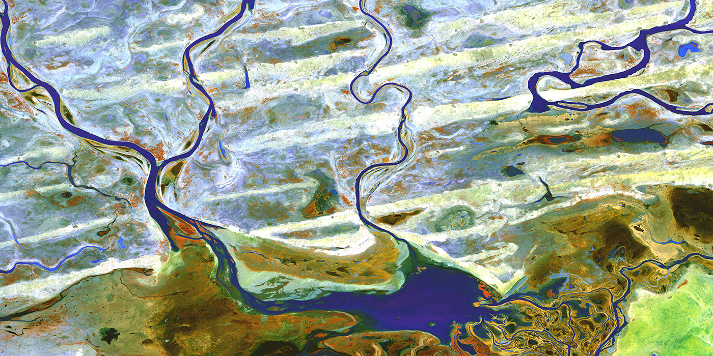 An aerial photograph of wetlands 