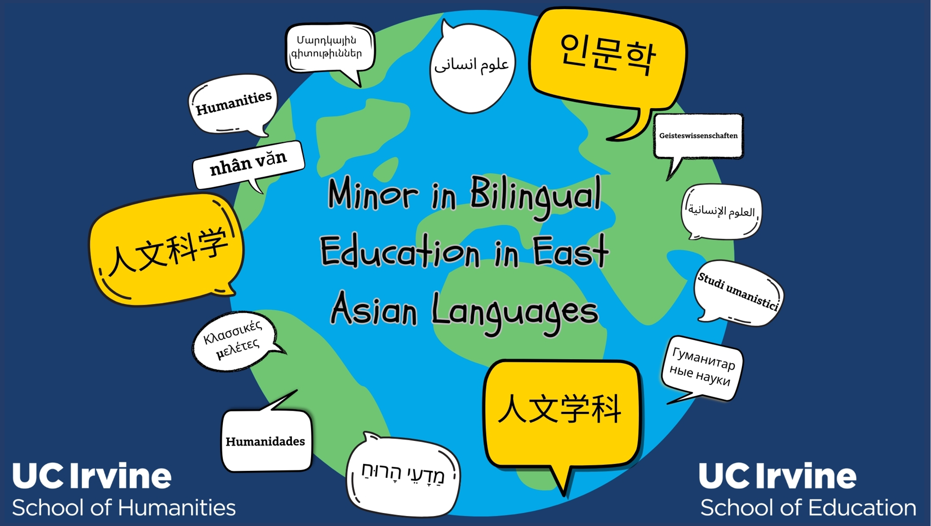 An edited photo of Earth with speech bubbles of different languages. 