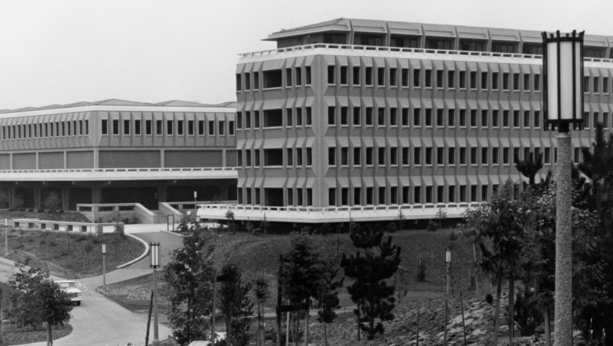 A black and white photo of the School of Humanities