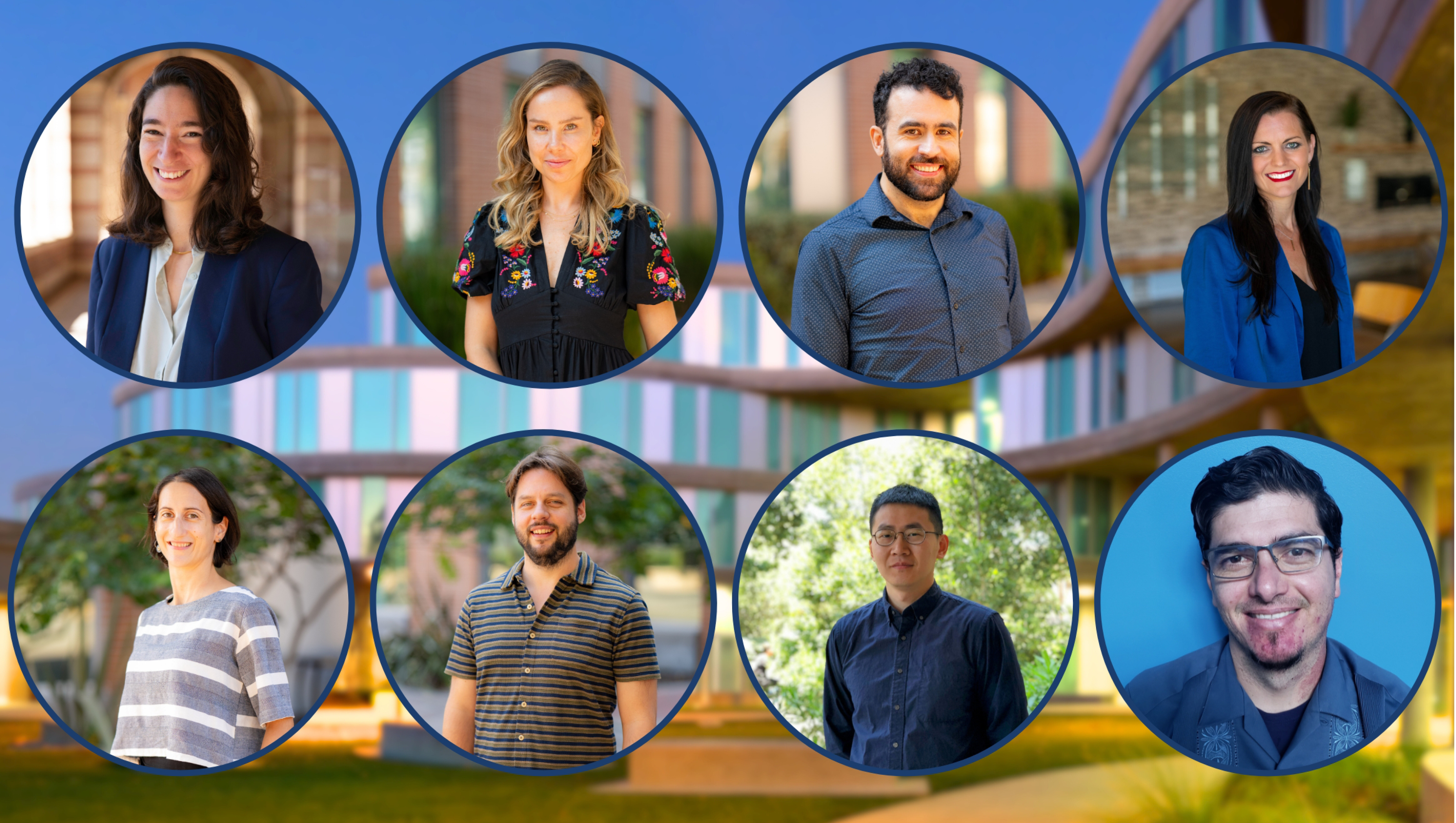 An edited image with Humanities Gateway in the background and new faculty headshots in circles.