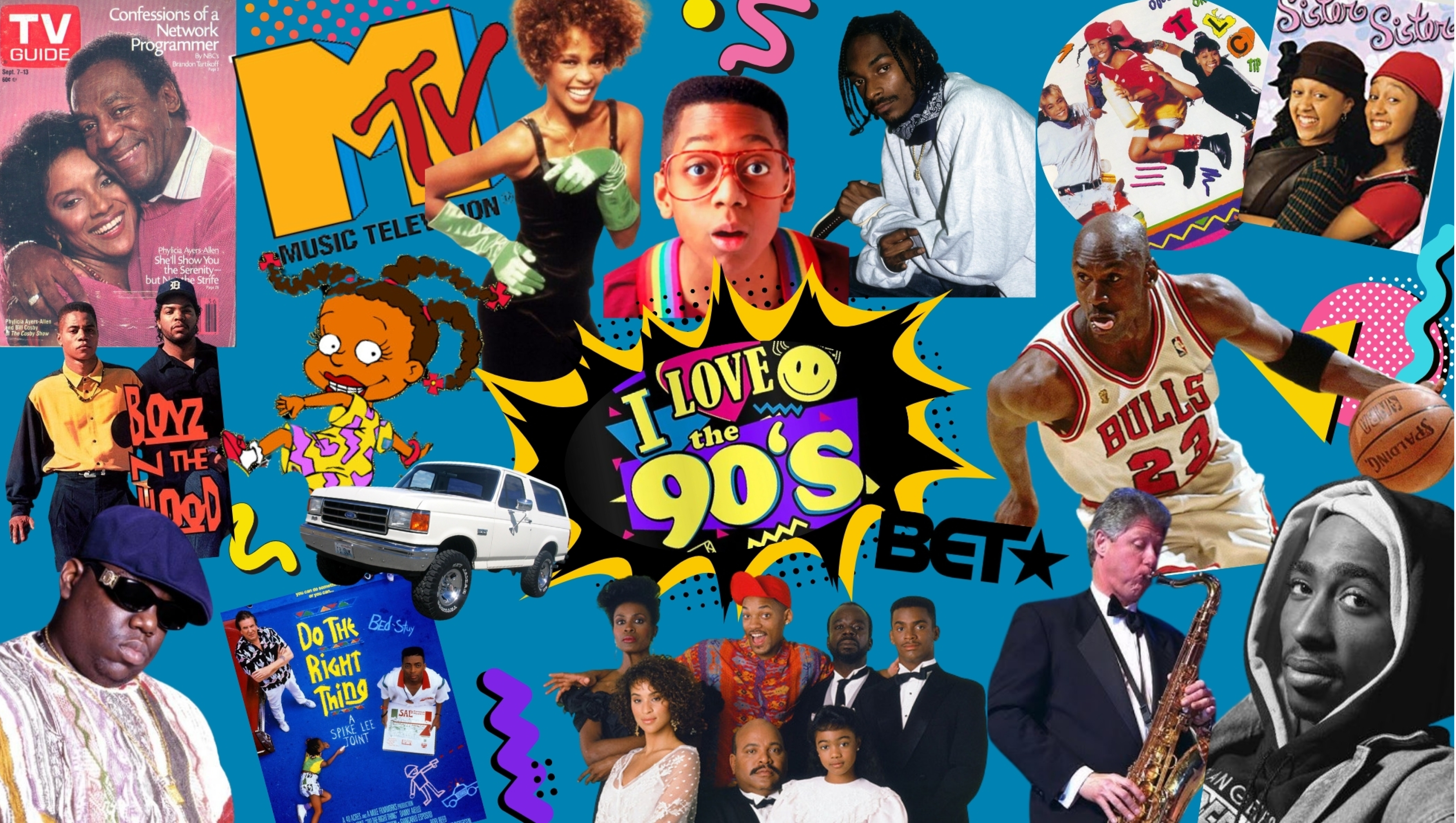 A collage of images from 90's black popular culture.