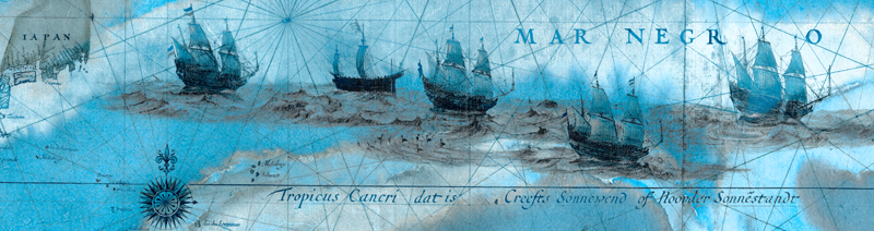 A blue map showing etching of sail ships. 