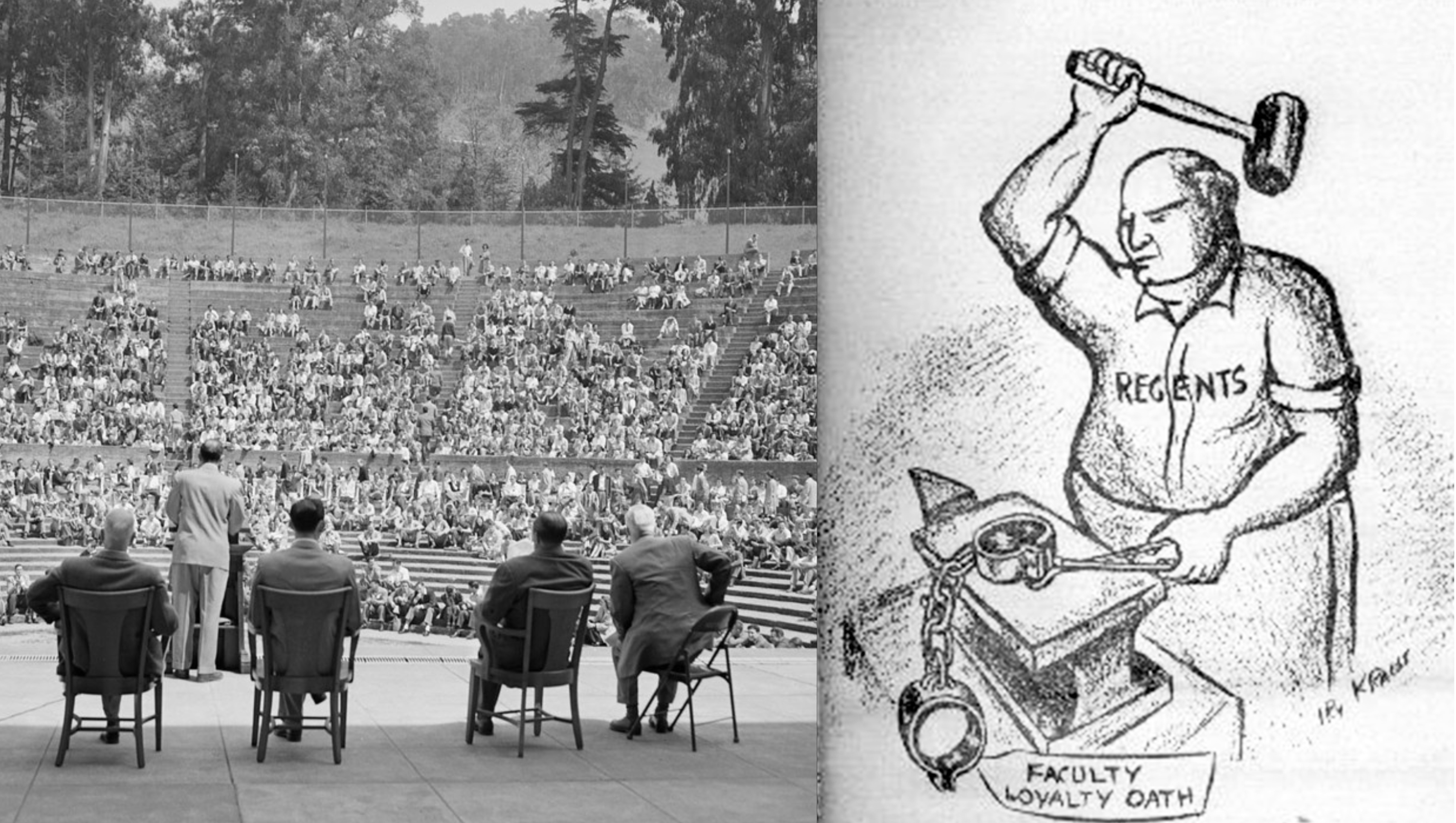 Protest meeting at Greek Theater Berkeley with a newspaper cartoon of a man slamming down a hammer on handcuffs.