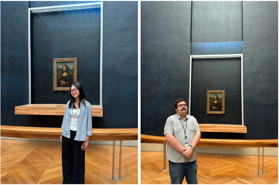 Loris Yao and Amir Ardekanian stand in front of the Mona Lisa without a crowd.