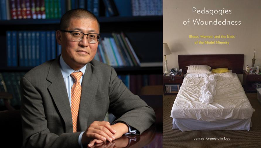 A portrait of Jim Lee (left) beside a cover of his book Pedagogies of Woundedness (right)