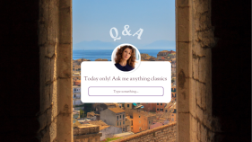 A photo of a window looking out to a Greek city. On top, centered, is a circle-shaped headshot of Zina and "Q&A" and "Today only! Ask me anything classics!"