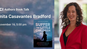 Headshot of woman with dark shoulder length hair and red jacket next to image of book cover