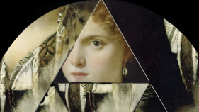 A geometric photo with circles and triangles. An image of a painting is in the triangle