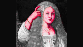 Painting of girl with her hand on her hair. The hair and dress is grey with the skin of the girl being a red-ish, pink.