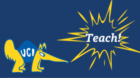 A graphic of Peter the Anteater and a yellow comic burst with the word "Teach!" in it.