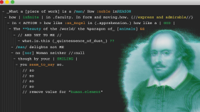 A computer screen with a William Shakespeare poem in code and a hologram of William Shakespeare.