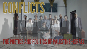 The photo from the cover of Liron Mor's book "Conflicts: The Poetics and Politics of Palestine-Israel" and text on the photo that reads "Conflicts" and "The Poetics and Politics of Palestine-Israel"