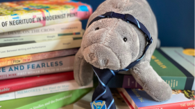 A photo of Hugh Manatee and stuffed animal perched on top of a pile of books.