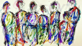 six abstract figures painted in a variety of colors