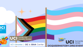 A image of a LGBTQ+ pride flag and a Trans pride flag.