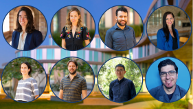 An edited image with Humanities Gateway in the background and new faculty headshots in circles.