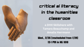 image of sculpted hands, text critical ai literacy in the humanities classroom