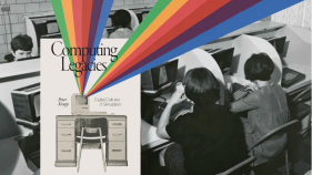 The background is a black and white photo of women in a computer lab with the cover of Computing Legacies: Digital Cultures of Simulation in front of it and the rainbow is shooting off the edge of the page