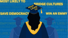 An edited graphic of a person in their cap and gown with text in the background which says all of the superlatives.