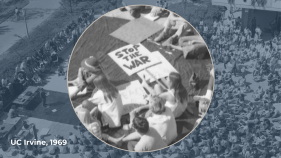Moratorium taking place on UC Irvine campus in 1969. The image is edited to zoom in to show on of the protesters signs that reads "Stop the war".