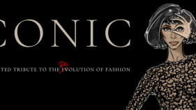 An illustration of a stylish woman in a leopard-print evening gown, next to the word "ICONIC"