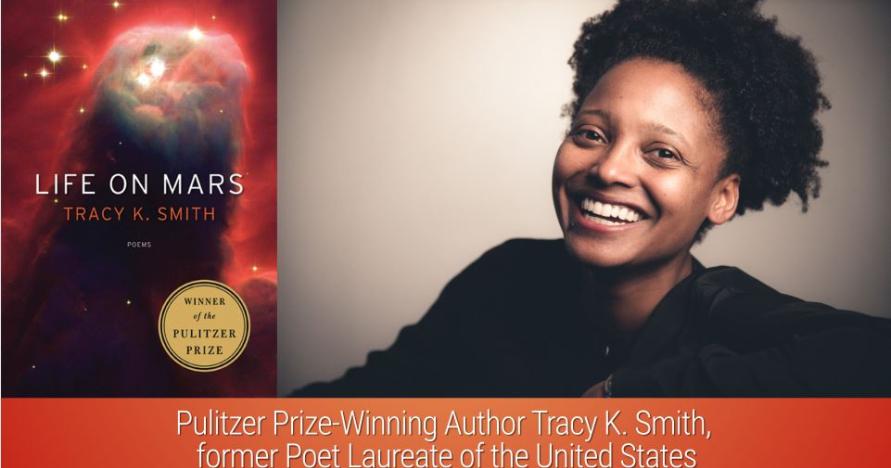 On the left, the book cover of Life on Mars, on the right, an image of Tracy K. Smith smiling