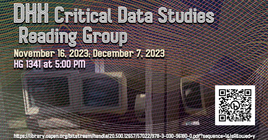 Event banner for DHX Critical Data Studies Reading Group with computer monitors in background