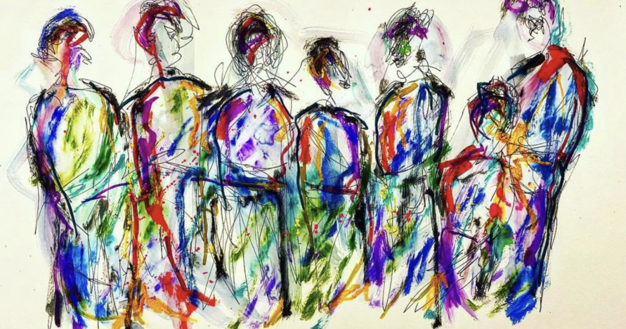 Multi-color sketch of a group of people