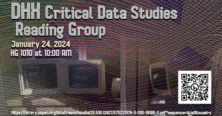 image of computer monitors in background; text DHX Critical Studies Reading Group with QR Code to reading