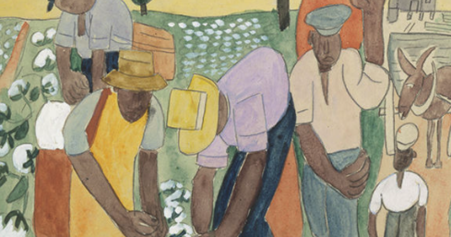 A painting by WH Johnson depicting slaves picking cotton on a plantation.