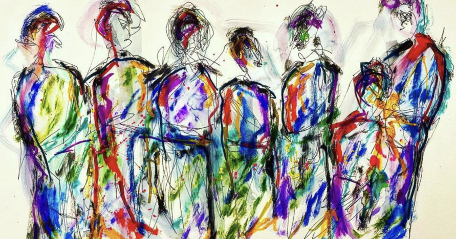 Six human figures sketched in numerous colors