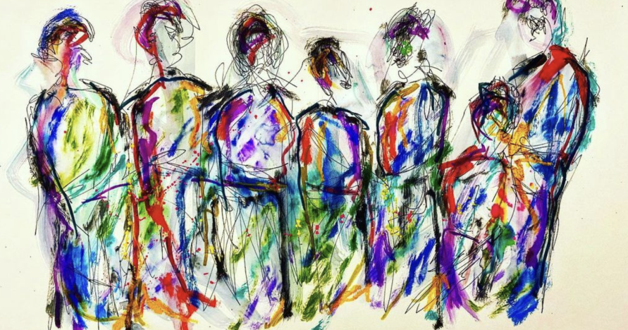 six abstract figures painted in a variety of colors