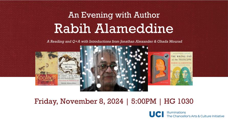 A photo of a man in glasses among twinkle lights next to four book covers. The text above reads "An Evening with Author Rabih Alameddine" and below includes the date time and location of the event.