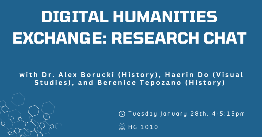 banner with blue background, text digital humanities exchange: research chat