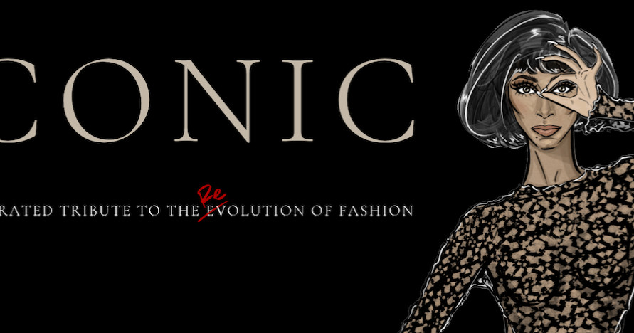An illustration of a stylish woman in a leopard-print evening gown, next to the word "ICONIC"