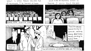 A screen shot of "The Neurobiology of Protest Rocío Pichon-Rivière" her comics with drawings and text.