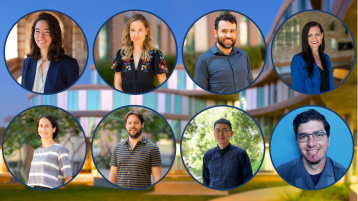 An edited image with Humanities Gateway in the background and new faculty headshots in circles.