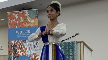 Pragya Jain performs an interpretive dance based on the Iriyavahiyam Sutra at Air: An Interfaith Exchange hosted by the Jain Center for Southern California. Photo credit: Munyao Kilolo, UCHRI