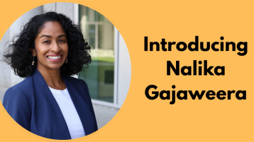 headshot of smiling woman with dark blue blazer; text introducing nalika gajaweera