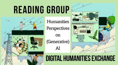 image of people working at computers in cubicles, from "Digital Nomads Beyond the Cubicle" by Yutong Liu & Digit. Text "reading group, humanities perspectives in (generative) AI, digital humanities exchange