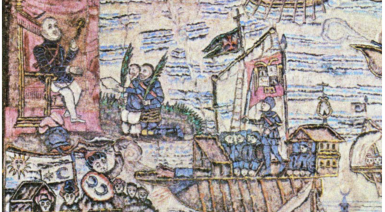 painting of nobelman sitting on a chair with people of different statuses around him.  