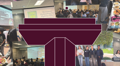A drawing of a podium imposed over assorted photos of students presenting at the 2025 symposium 
