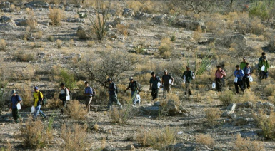 A line of immigrants walking across the Sonoran Desert