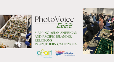 text reads Photovoice exhibit: Mapping Asian American and Pacific Islander Religions in Southern California. Photos of kimbap being made and Muslim women praying.